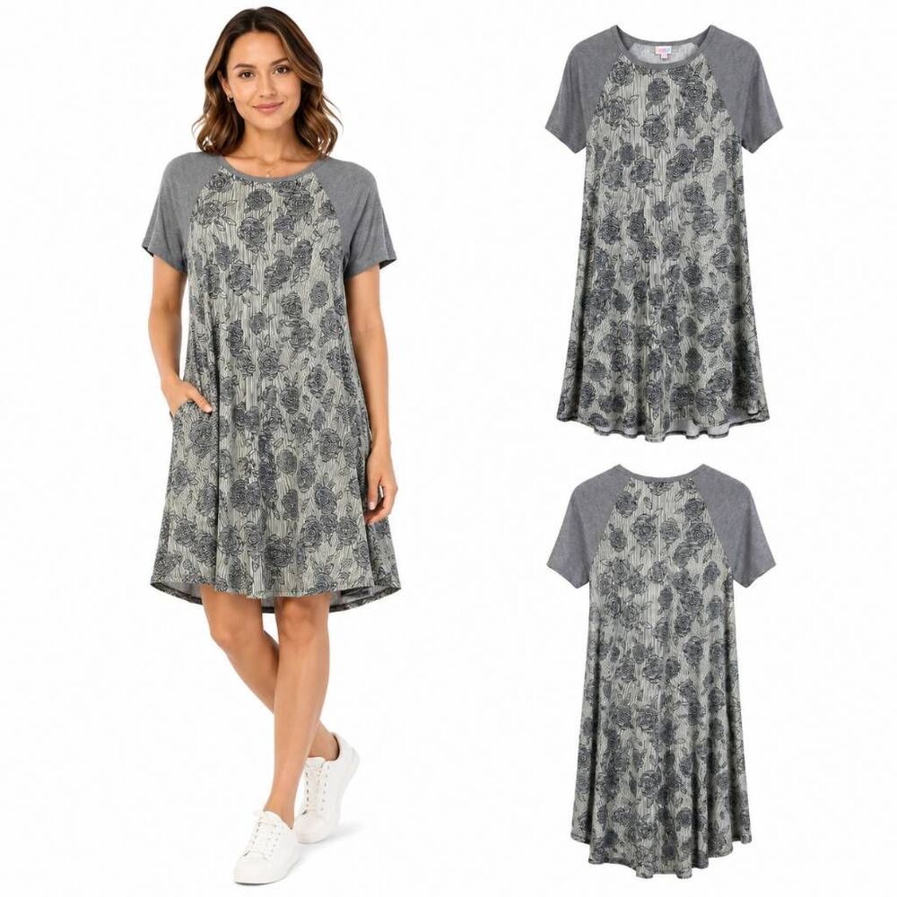 LuLaRoe Carly Dress Gray Floral Stripe S Hi Low